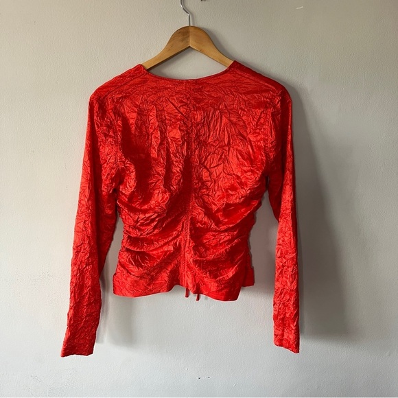 GANNI Red Crinkled Blouse In Grenadine Toe Front Size 38 / US 6 NWOT - Picture 6 of 7